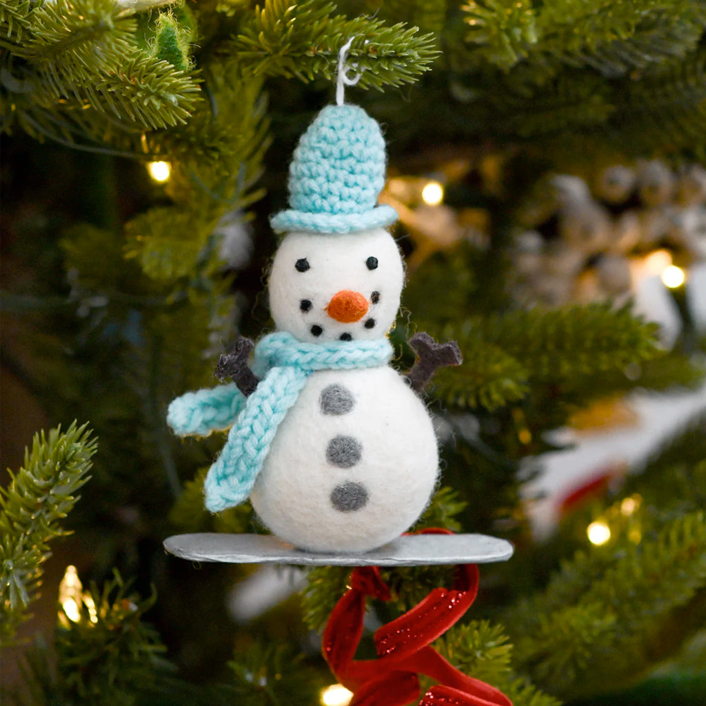 Tara Treasures Felt Snowman On Snowboard Ornament