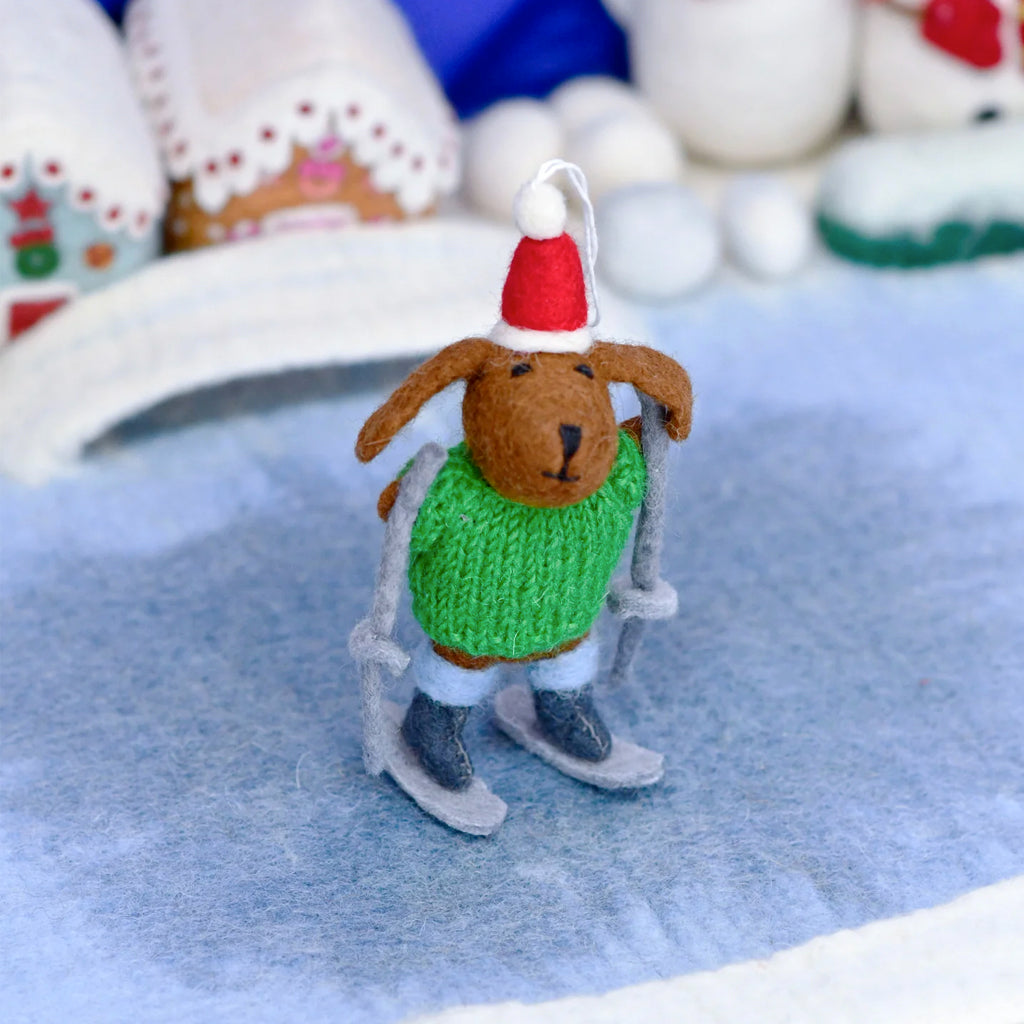 Tara Treasures Felt Dog With Knitted Sweater on Skis Ornament
